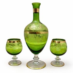 Vintage Emerald Green Decanter & Glasses Set Gold  Trim Mid Century Barwar